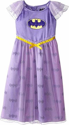 Batgirl Short Sleeve Nightgown Pajama  Girl Size 6/6X Infants, Toddlers, & Kids Size (approx) Alpha Height in Inches Weight in lbs Age Chest in Inches Waist in Inches 0-3m   up to 22" up to 11 lbs 0-3 mos     3-6m   22-25" 11-15 lbs 3-6 mos     6-9m   25-27" 15-18 lbs 6-9 mos     9-12m   27-29" 18-22 lbs 9-12 mos     12-18m   27-31" 18-26 lbs 12-18 mos     18-24m   29-33" 22-29 lbs 18-24 mos   &nbs Playful Cotton Dress For Pajama Party, Fitted Cotton Sleep Dress, Cotton Fitted Sleep Dress, Fitted Cotton Dress For Sleepover, Purple Cotton Dress For Playtime, Fitted Purple Dress For Playwear, Purple Sleeveless Bedtime Dress, Purple Sleeveless Dress For Bedtime, Sleeveless Purple Dress For Sleepover