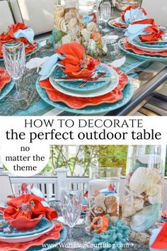 an outdoor table setting with red and blue plates, napkins and place settings on it