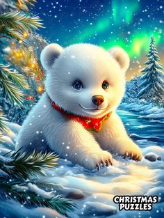 a painting of a polar bear in the snow with christmas trees and lights behind it