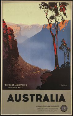 an old poster advertising the blue mountains in new south wales, showing trees and mountains