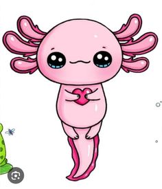 a pink cartoon character with big eyes holding a heart shaped object in front of her face