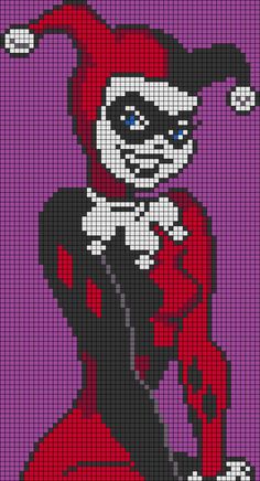 a cross - stitch pattern of a cartoon character dressed in red and black, holding a baseball bat