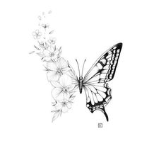 a black and white drawing of a butterfly with flowers in the foreground, on a white background