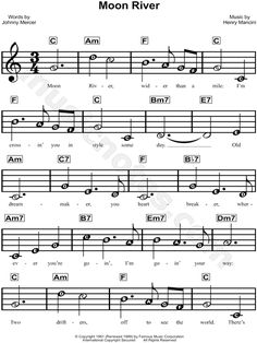 sheet music with the words moon river on it