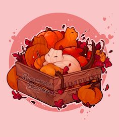 a wooden box filled with lots of different types of pumpkins and other autumn decorations