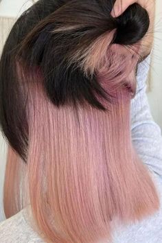 Soft Pink Peek-A-Boo On Black Lob Pink Highlights In Black Hair, Black Hair With Pink Highlights, Highlights In Black Hair, Black Long Bob, Long Bob Cut, Black Hair Ideas, Hair With Pink Highlights, Long Bob Cuts, Corte Long Bob