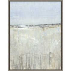 an abstract painting in grey and white with a blue sky above the horizon is shown