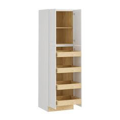 a tall white cabinet with wooden shelves on the bottom and bottom drawers in between it