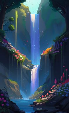 a painting of a waterfall in the middle of a forest with trees and flowers around it