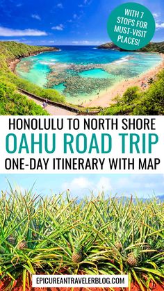 Honolulu to North Shore Oahu road trip one-day itinerary with map pin featuring images of snorkeling spot Hanauma Bay and Dole Plantation pineapple fields Oahu North Shore Day Trip, Oahu Itinerary 5 Days, Hawaii Road Trip, Oahu North Shore, Road Trip Stops