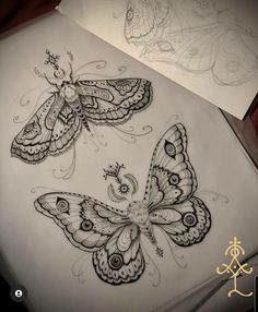 two drawings of butterflies sitting on top of paper