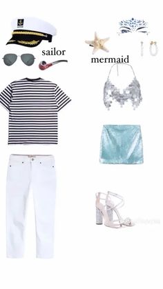 an image of clothes and accessories for a sailor or mermaid themed outfit on a white background