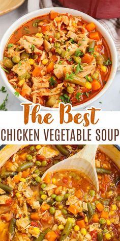 the best chicken vegetable soup in a white bowl