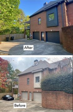 before and after photos of a brick house with garage doors open in the front yard