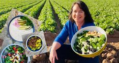 a woman holding two bowls filled with salads and fruit on top of a field