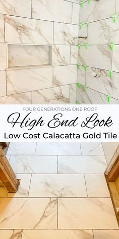 a bathroom with white marble walls and flooring that says high end look low cost calacatta gold tile