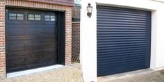 two garage doors side by side in front of a brick building with a lamp on it