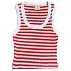 * Retro Vibes: Embrace A Classic Vintage Look With This Ringer Style Tank Top, Featuring A Timeless Red And White Stripe Pattern That Evokes The Charm Of 70s And 80s Fashion. This Piece Brings Iconic Stripes Reminiscent Of Classic Sportswear, Channels The Carefree Spirit Of Past Decades, And Effortlessly Adds Nostalgic Charm To Your Modern Wardrobe. Perfect For Themed Parties, Festivals, Or Casual Outings, It Pairs Well With High-Waisted Jeans, Denim Shorts, Or Flared Skirts, Offering Versatile Red Ribbed Crop Top For Summer, Red Ribbed Sleeveless Crop Top, Red Sleeveless Ribbed Crop Top, Red Fitted Vest For Summer, Fitted Red Vest For Summer, Red Ribbed Sleeveless Top, Red Sleeveless Ribbed Tops, Red Sleeveless Crop Top For Spring, Red Vest Crop Top For Spring