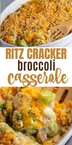 broccoli casserole in a white dish with a wooden spoon and text overlay