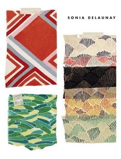 four pieces of fabric with different patterns and colors on them, including red, orange, green