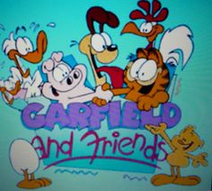 garfield and friends logo on the front of a television screen with other cartoon characters around it