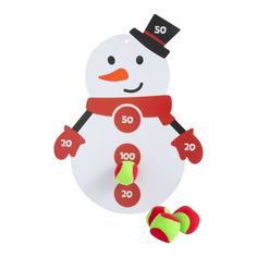 a snowman clock with red and green numbers on it's face next to an apple