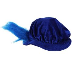 a blue hat with feathers on the brim