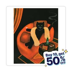 a black cat sitting on top of an orange chair next to a bottle of beer