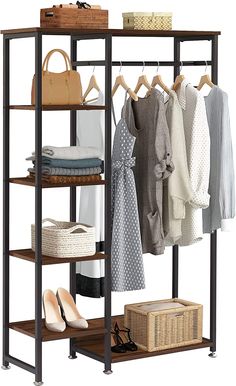 a rack with clothes and shoes on it