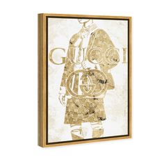 a gold and white painting with the word gucci in it's center, surrounded by an image of a man