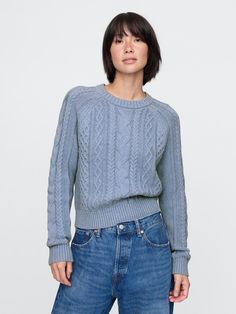 Soft cotton cable-knit sweater.  Crewneck.  Long sleeves.  Fit: Classic.  A straight & easy fit.  Hits at the hip.  Models wearing Gap Cotton Cable Knit Sweater, 30s Fashion, Chic Sweaters, Classy Casual Outfits, Classy Casual, Cable Knit Cardigan, Light Blue Sweater, Sweaters Crewneck, Blue Sweaters