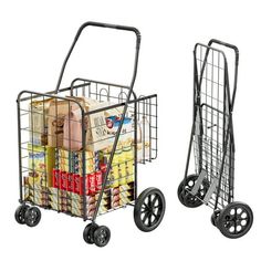 two shopping carts with wheels are shown side by side, one is filled with groceries and the other has food in it