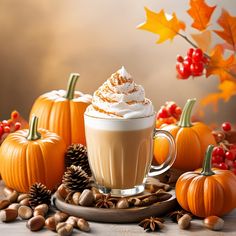 a cup of hot chocolate with whipped cream surrounded by fall leaves, nuts and pumpkins