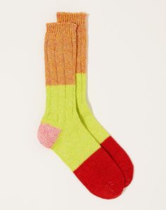 Covet + Lou Kapital Socks, Cozy Multicolor Knitted Socks, Kapital Smiley Socks, Orange Color Block, Orange Socks, American Workwear, Cozy Multicolor Hand-knitted Socks, Calf Socks, Sock Patterns