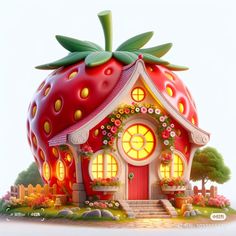 a strawberry shaped house sitting on top of a lush green field