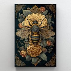 a painting of a bee and flowers on a wall