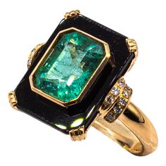 Black Emerald Luxury Ring, Luxury Black Emerald Ring For Formal Occasions, Yellow Gold Cocktail Ring, Emerald Ring Gold, Gold Cocktail, Gold Cocktail Ring, Gold Art Deco, Italian Jewelry, Estilo Art Deco