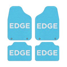 four blue floor mats with the words edge and white letters on them, all in different sizes