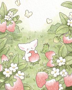 an illustration of a fox in the grass surrounded by flowers and butterflies