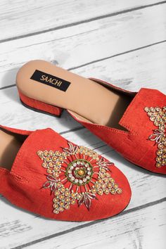 beaded embroidered mule Shoes Heels Classy, Heels Classy, Indian Embroidery, Fashion Marketing, Orange And Green, Gorgeous Shoes, Eco Friendly Fabric, Outfit Details, Mule