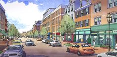 an artist's rendering of a city street with cars and people on the sidewalks