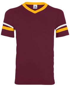 Adult Sleeve Stripe Jersey - MAROON/ GLD/ WHT - M | Augusta Sportswear Athletic Adult Sleeve Stripe Jersey T-Shirt in Maroon/Gold/White Size Medium | Cotton Polyester Y, FF Striped Jersey, Striped Sleeve, Athletic Apparel, Athletic Wear, Neck Collar, Retro Inspired, Fashion Set, Knit Jersey, Navy And White