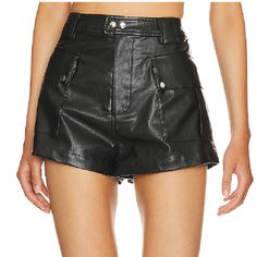 Polyurethane Blend Dry Clean Recommended Zip Fly With Button Closure Cargo Pockets Smooth Faux Leather Fabric Shorts Measure Approx 11.75" In Length Nwt No Trade, No Lowball High Waist Leather Bottoms With Faux Front Pockets, Black Leather Bottoms With Button Closure, High Waist Leather Pants With Button Closure, Night Out Faux Leather Shorts With Pockets, Friends Shorts, Friends Black, Leather Short, Faux Leather Fabric, Leather Shorts