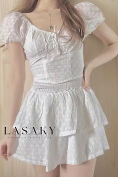 Lasaky - Stylish Short Sleeve Blouse with Belted High Waist Layered Skirt Casual High-waist Summer Dress, Casual High Waist Summer Dress, White High-waist Summer Dress, Fitted High Waist Dress For Day Out, High Waist Summer Dresses With Ruffles, Elegant Attire, Elegant Sets, Belted Shorts, Black Bodycon Dress