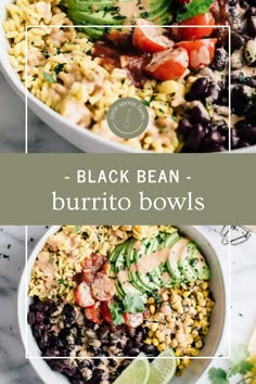 black bean burrito bowls with avocado and cilantro on the side