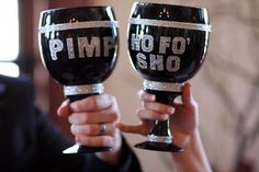 two people holding up wine glasses with the words pimpro and ski on them