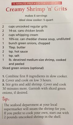 the recipe for creamy shrimp'n grits is shown in red and white