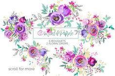 the cross stitch pattern has flowers and leaves in purple, green, pink and white colors