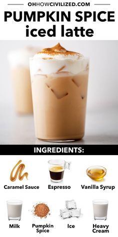 the ingredients for pumpkin spice iced latte are shown in this graphic above and below