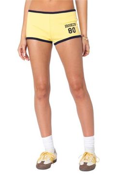 Rep your favorite city in these sporty, stretchy cotton shorts designed in a leggy silhouette with contrasting trim. Pull-on style 95% cotton, 5% spandex Machine wash, dry flat Imported Hygiene Tips, Micro Shorts, Shorts Y2k, Yellow Fits, Contrasting Trim, Yellow Shorts, Designer Shorts, Nordstrom Store, Wide Leg Denim